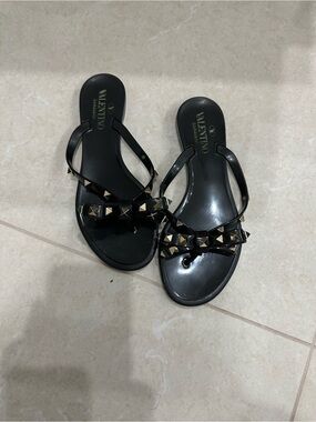 Valentino Black Jelly Bow Thong Sandals with Gold Studs
